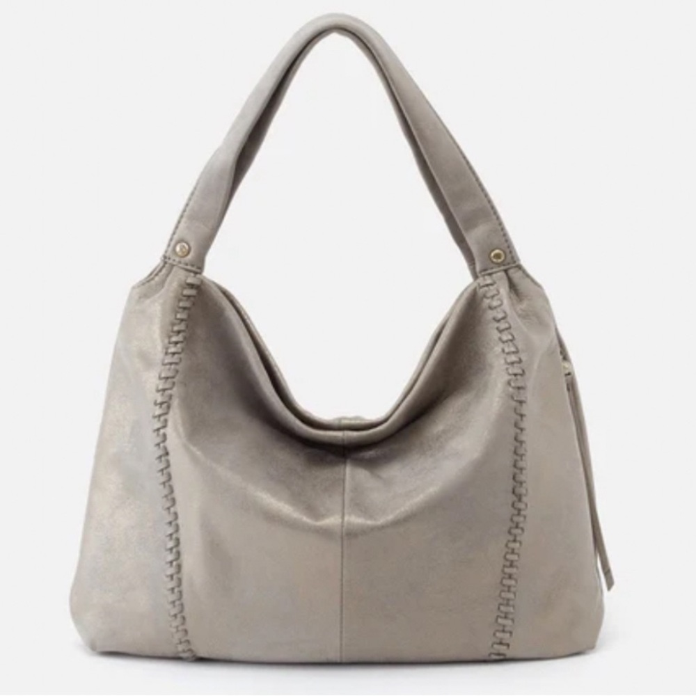 HOBO Alannis Gray w Gold Metallic Shimmer Leather Whipstitch Shoulder Bag Tote